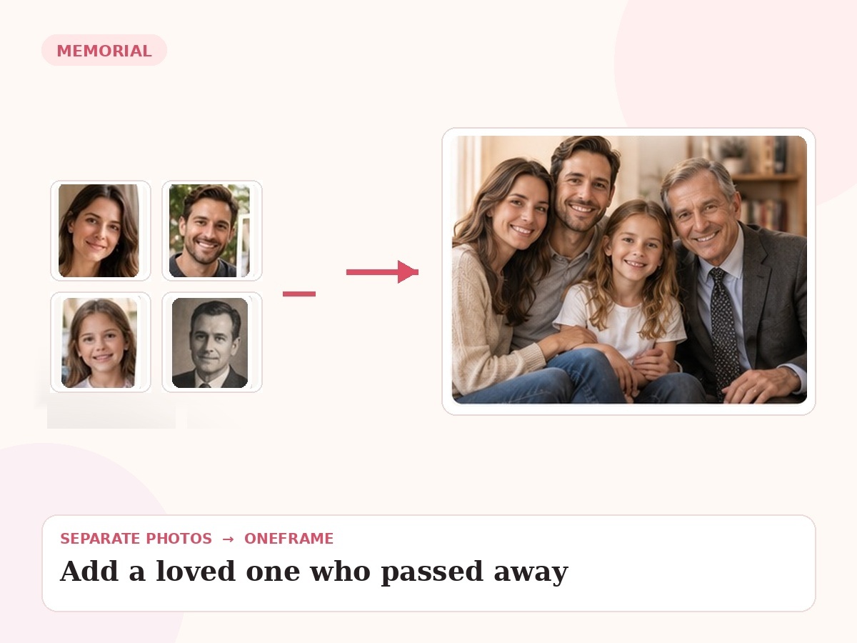 add deceased loved one to photo — unrelated source photos combined into one final portrait