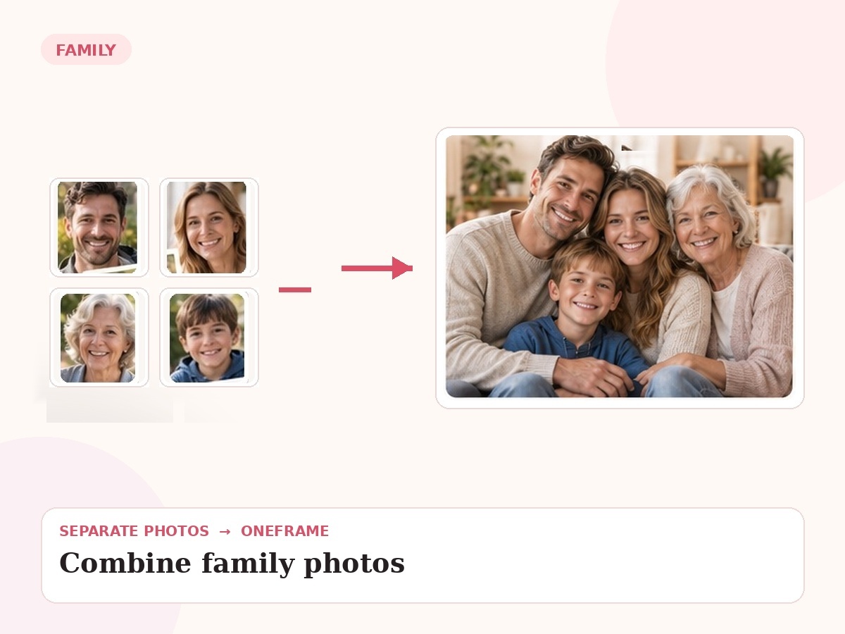 combine family photos into one — unrelated source photos combined into one final portrait