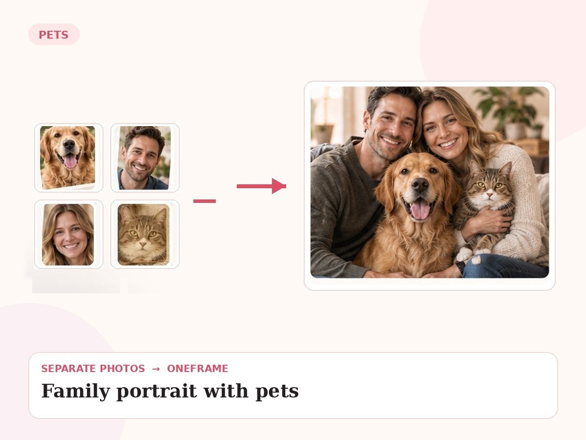 family portrait with pets — unrelated source photos combined into one final portrait