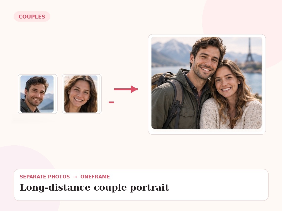 long distance couple photo — unrelated source photos combined into one final portrait
