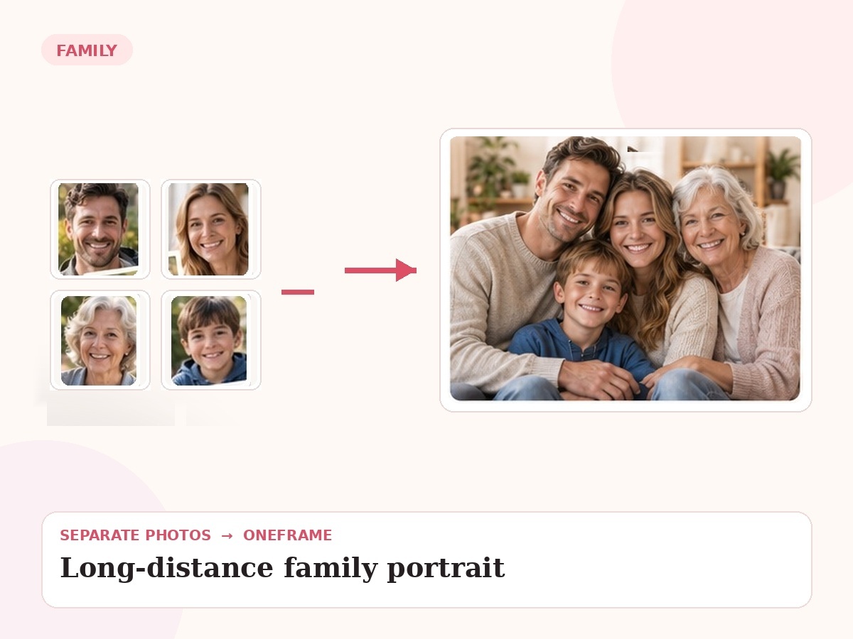 long distance family portrait — unrelated source photos combined into one final portrait
